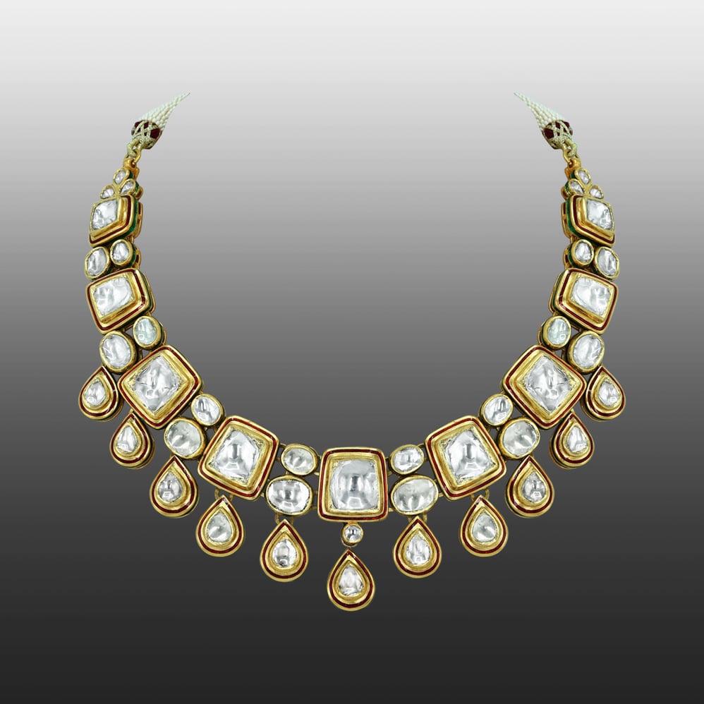 Polki Necklace with Cascading Teardrop and Square Motifs